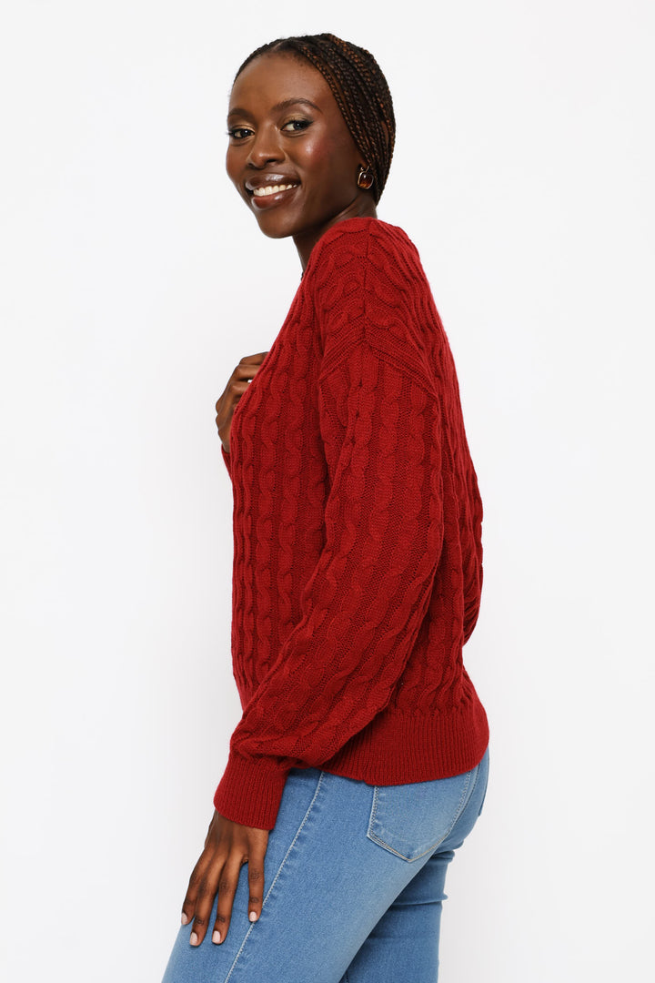 Long Sleeve Wide Cable Pullover - Deep Red