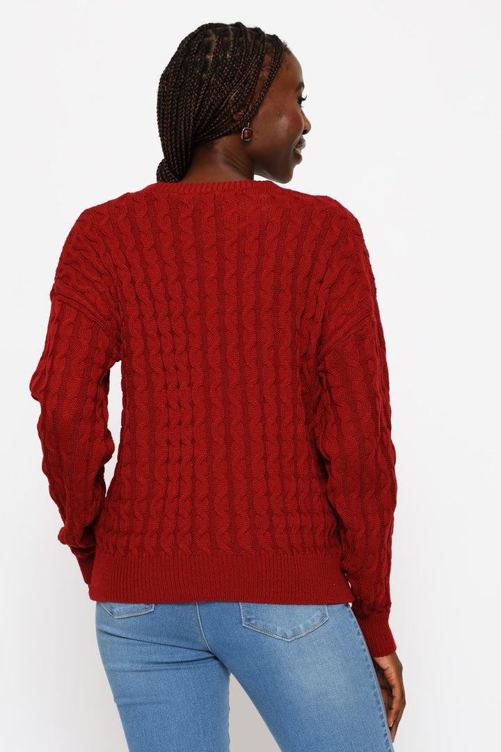 Long Sleeve Wide Cable Pullover - Deep Red