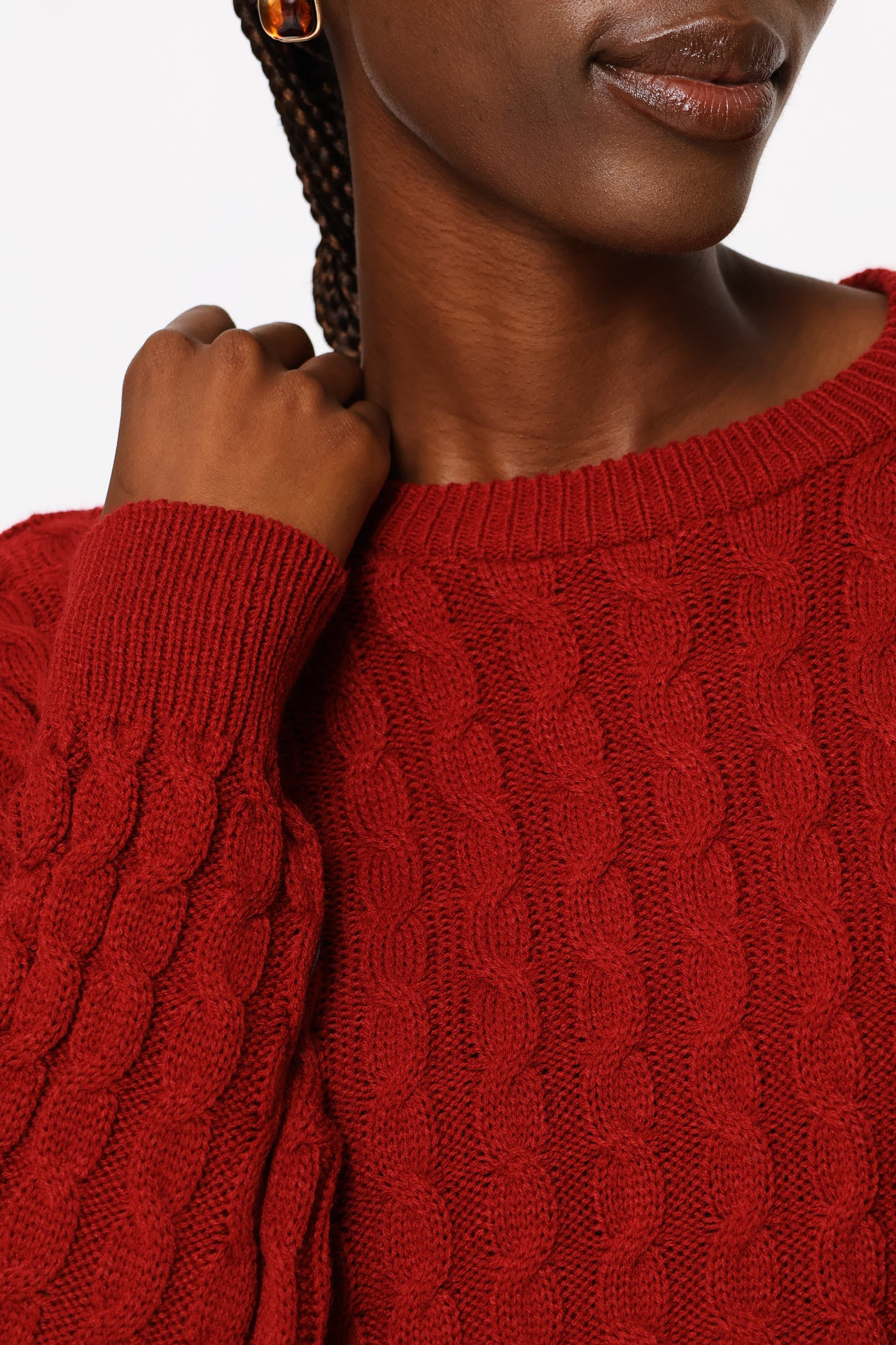 Ladies Long Sleeve Wide Cable Pullover - Deep Red – Edgars