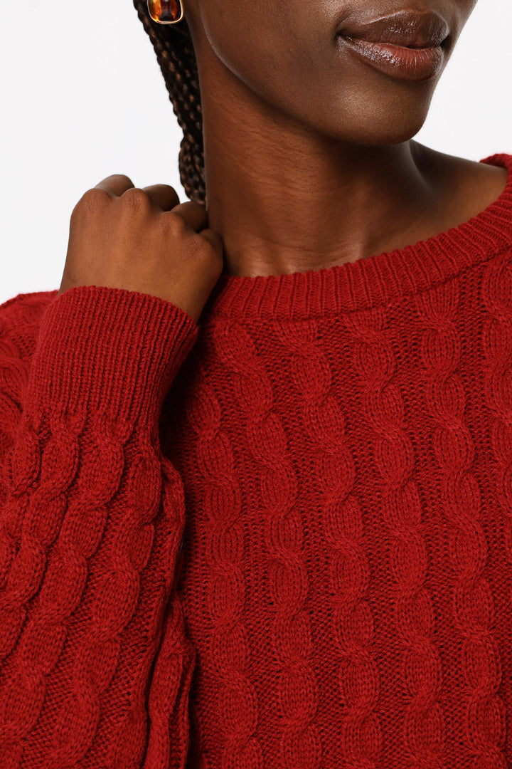 Long Sleeve Wide Cable Pullover - Deep Red
