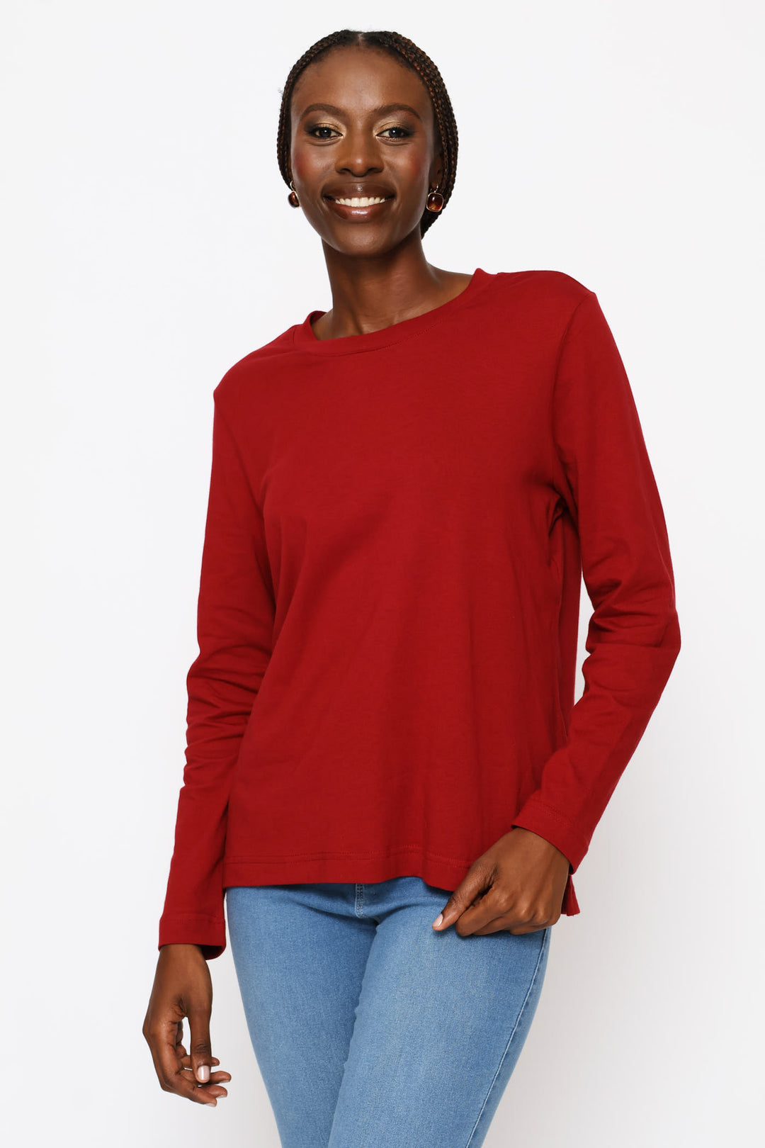 Long Sleeve Boxy Step Hem Crewneck Tee - Deep Red