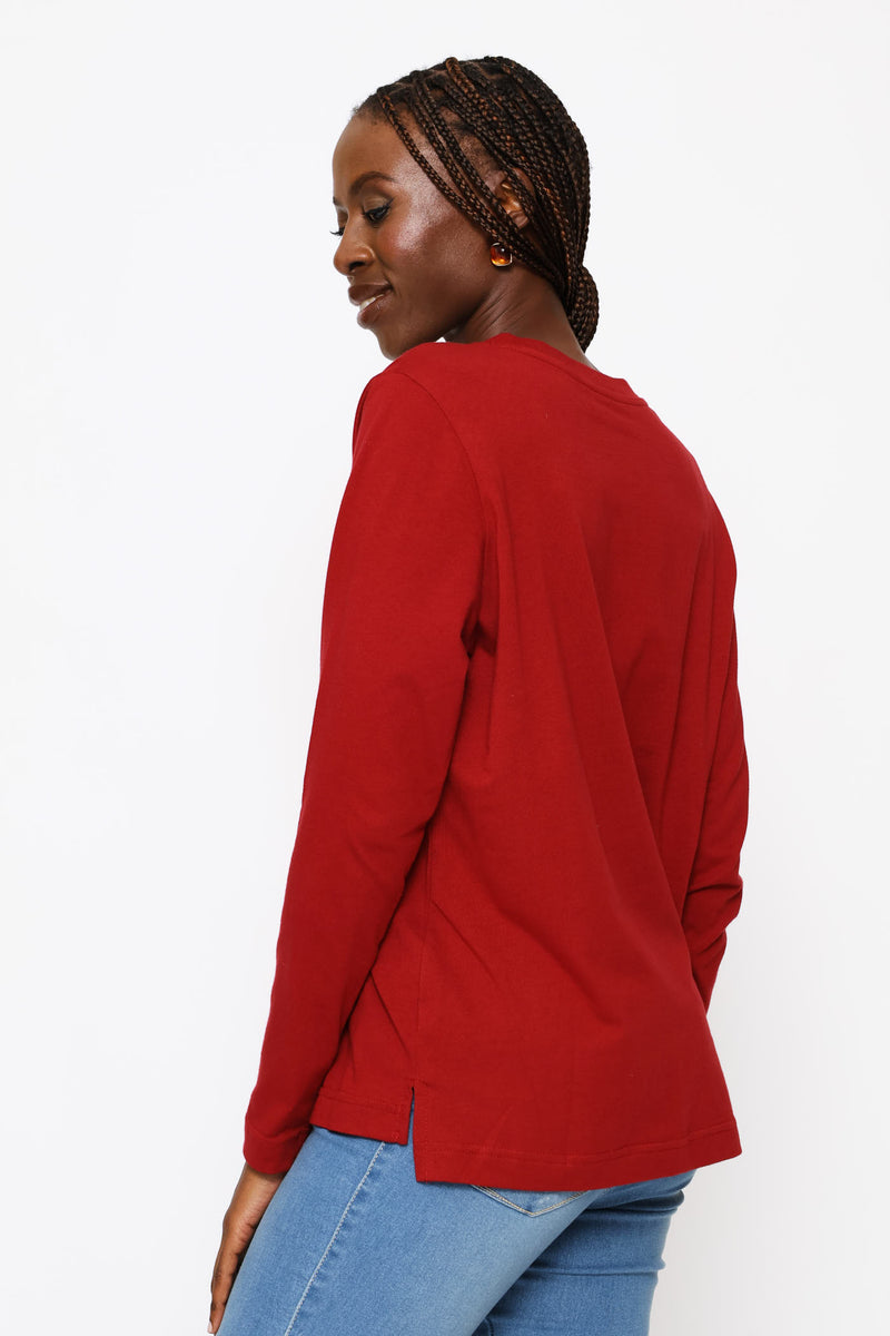 Long Sleeve Boxy Step Hem Crewneck Tee - Deep Red