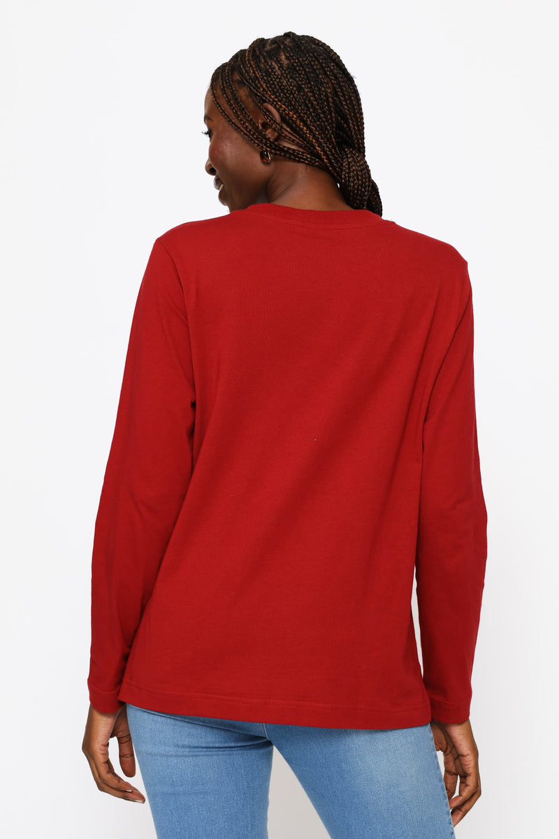 Long Sleeve Boxy Step Hem Crewneck Tee - Deep Red