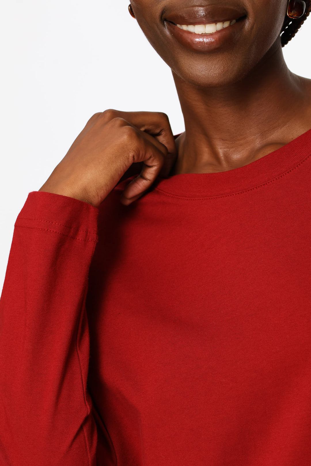 Long Sleeve Boxy Step Hem Crewneck Tee - Deep Red