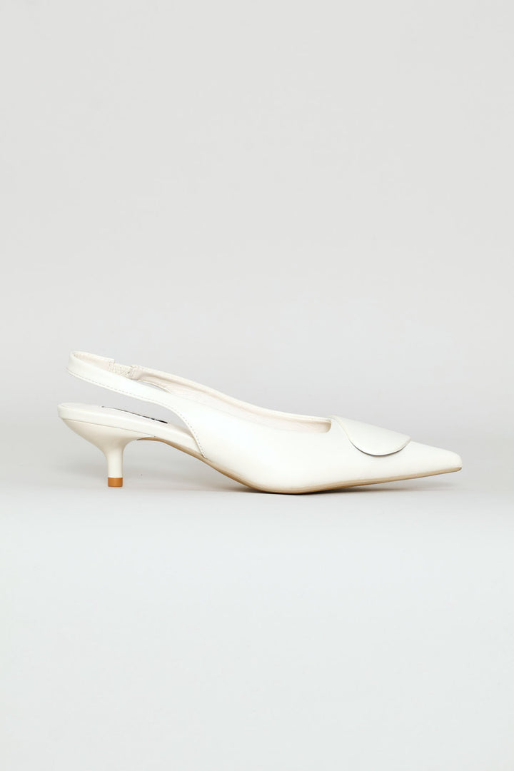 D-Shaped Metal Trim Kitten Slingback Heel - Off White
