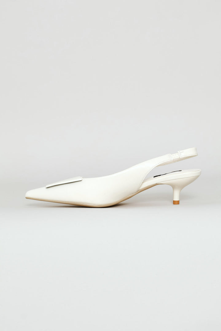 D-Shaped Metal Trim Kitten Slingback Heel - Off White