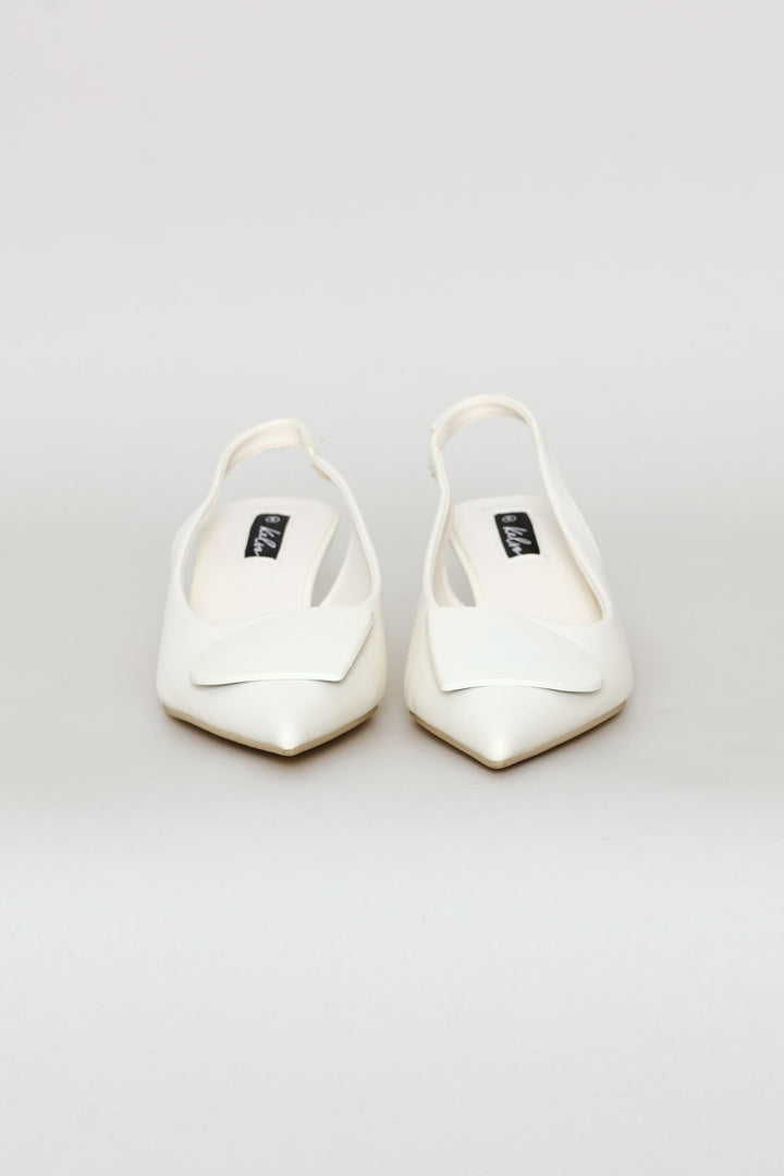 D-Shaped Metal Trim Kitten Slingback Heel - Off White