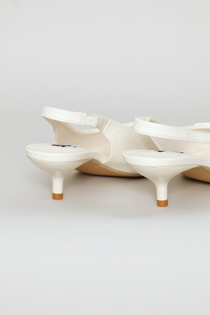 D-Shaped Metal Trim Kitten Slingback Heel - Off White