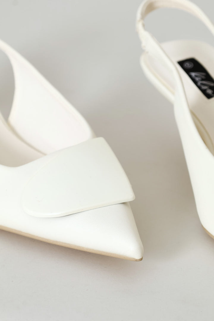 D-Shaped Metal Trim Kitten Slingback Heel - Off White