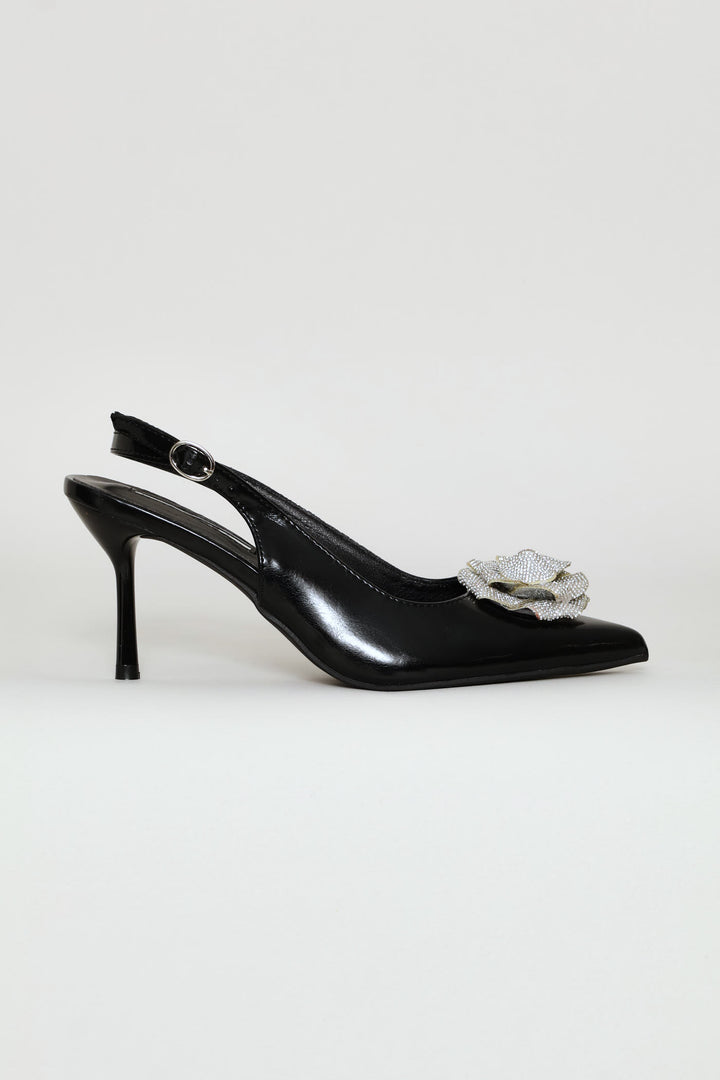 Diamante Flower Slingback Heel - Black