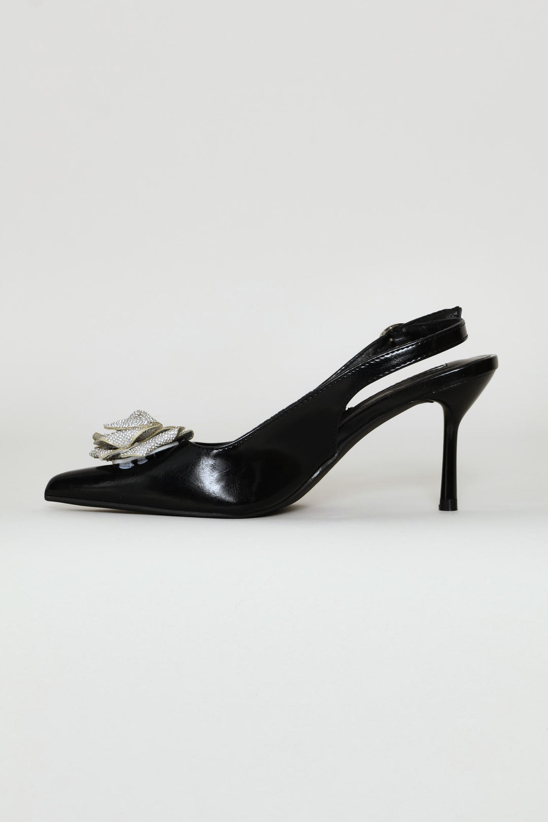 Diamante Flower Slingback Heel - Black