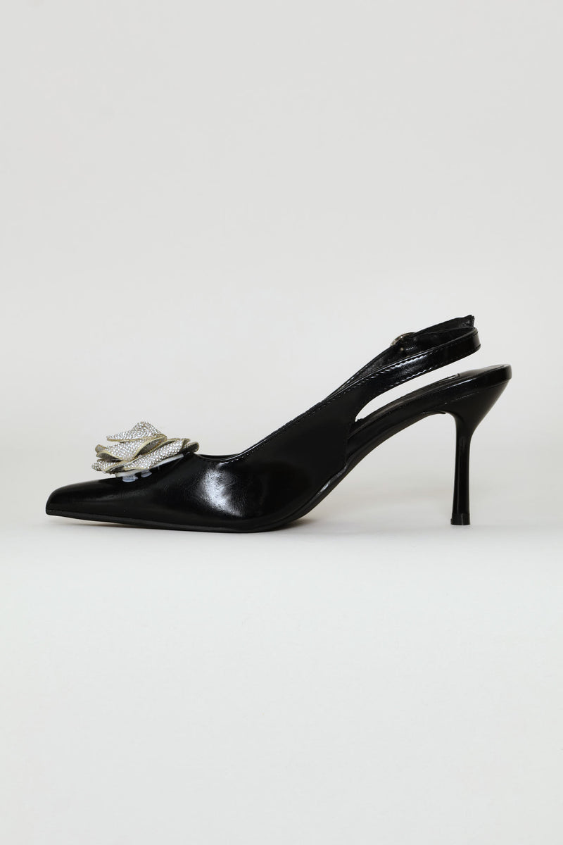 Diamante Flower Slingback Heel - Black