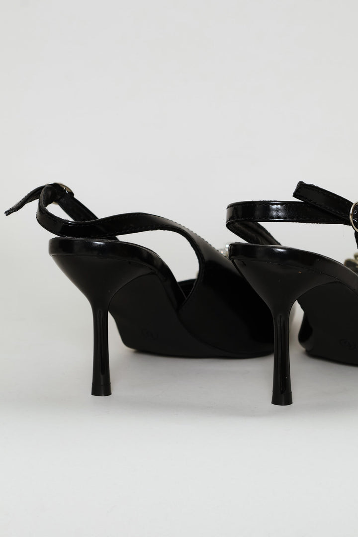 Diamante Flower Slingback Heel - Black