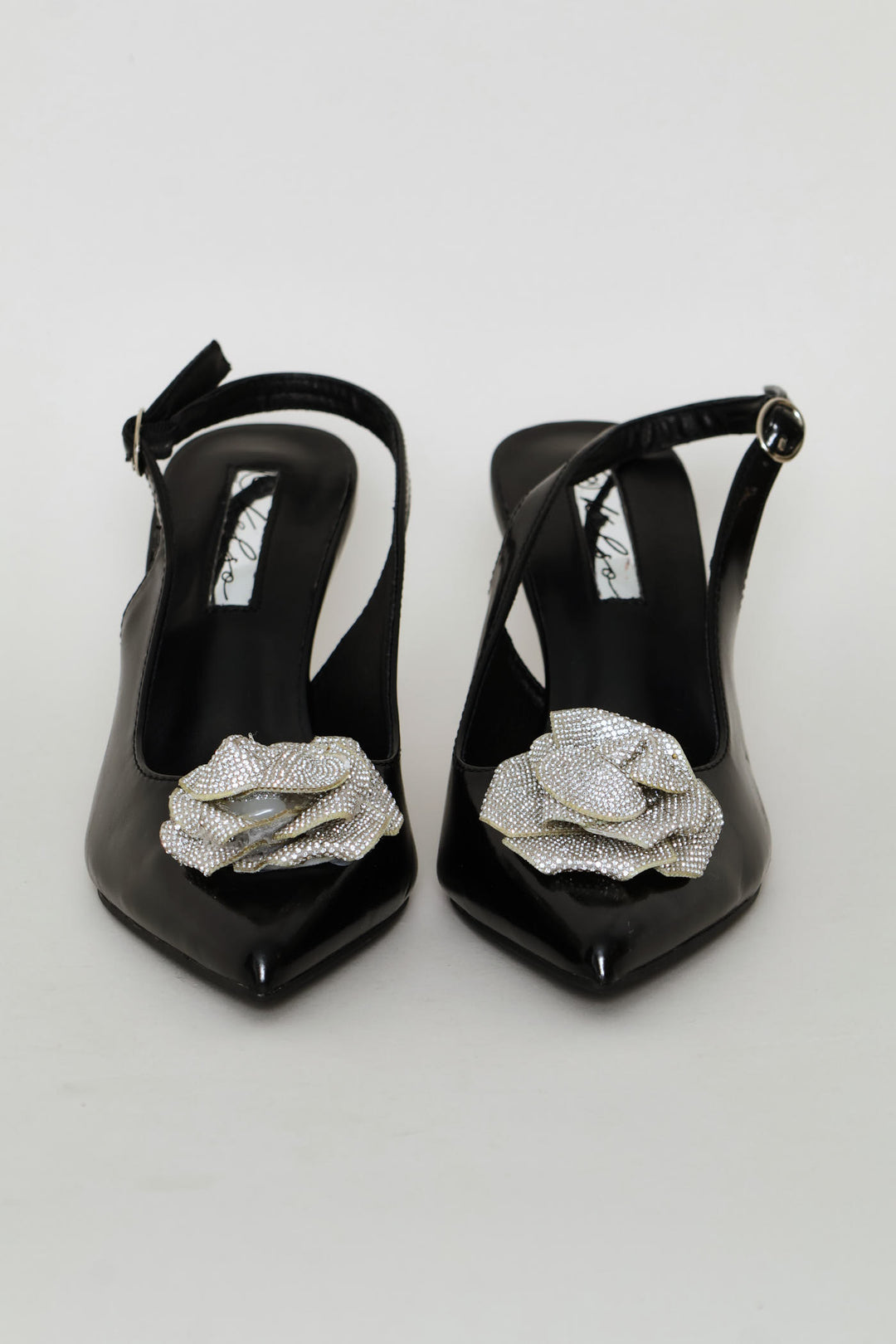 Diamante Flower Slingback Heel - Black