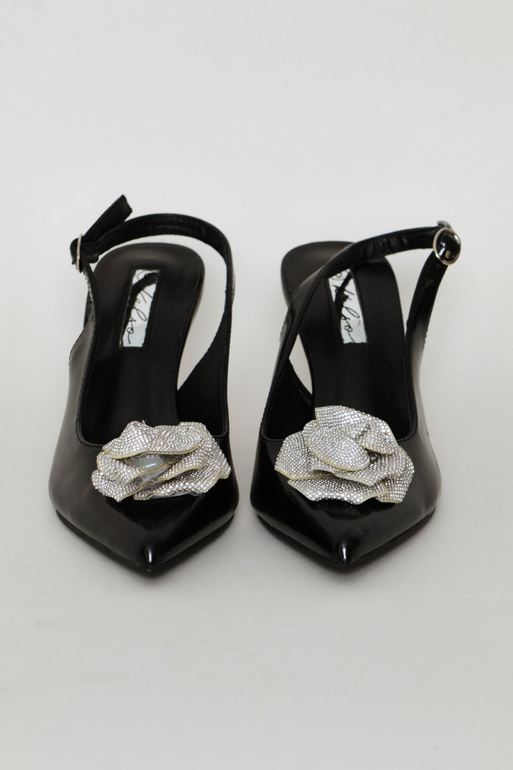 Diamante Flower Slingback Heel - Black