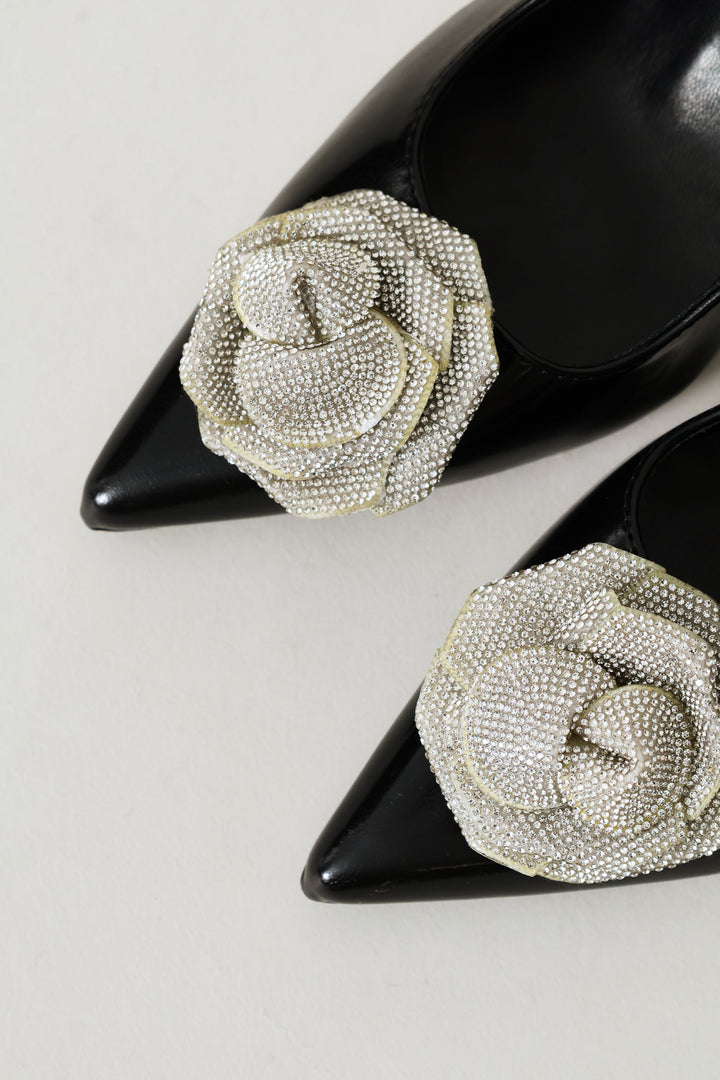 Diamante Flower Slingback Heel - Black