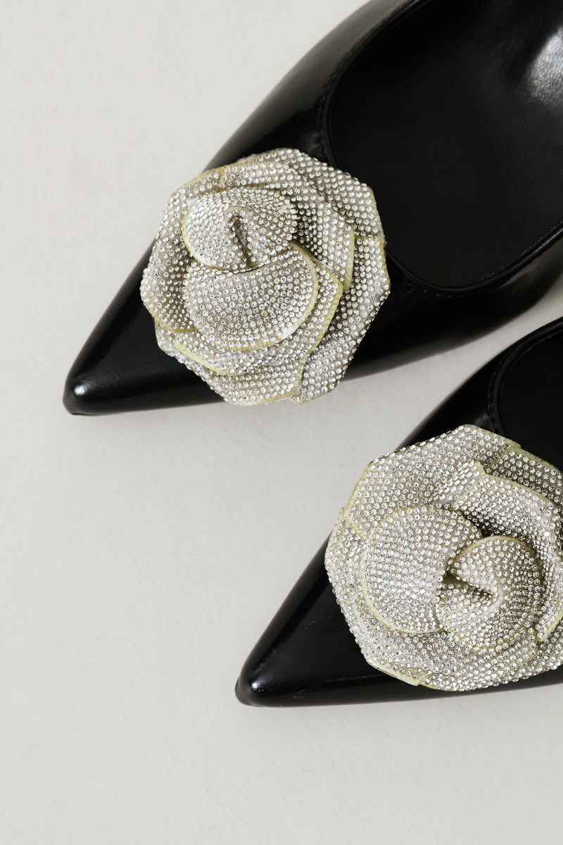 Diamante Flower Slingback Heel - Black