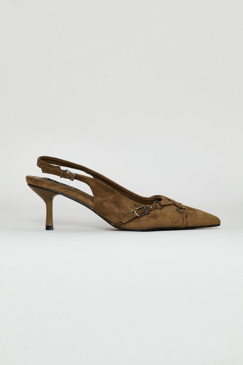 Cross Strap Mule Kitten Heel - Olive