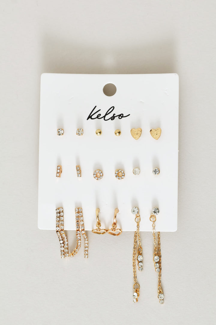 9 Pack Heart And Hanging Diamante Earrings - Gold