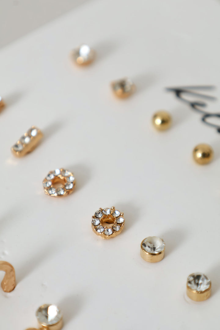 9 Pack Heart And Hanging Diamante Earrings - Gold