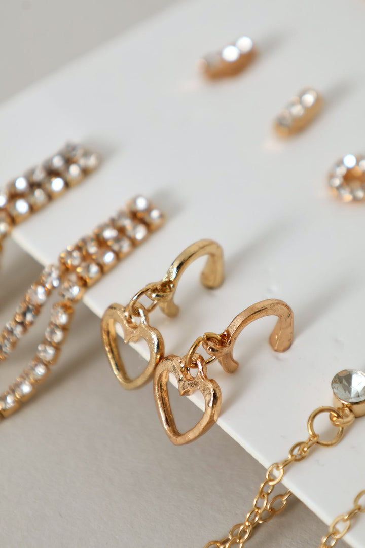 9 Pack Heart And Hanging Diamante Earrings - Gold