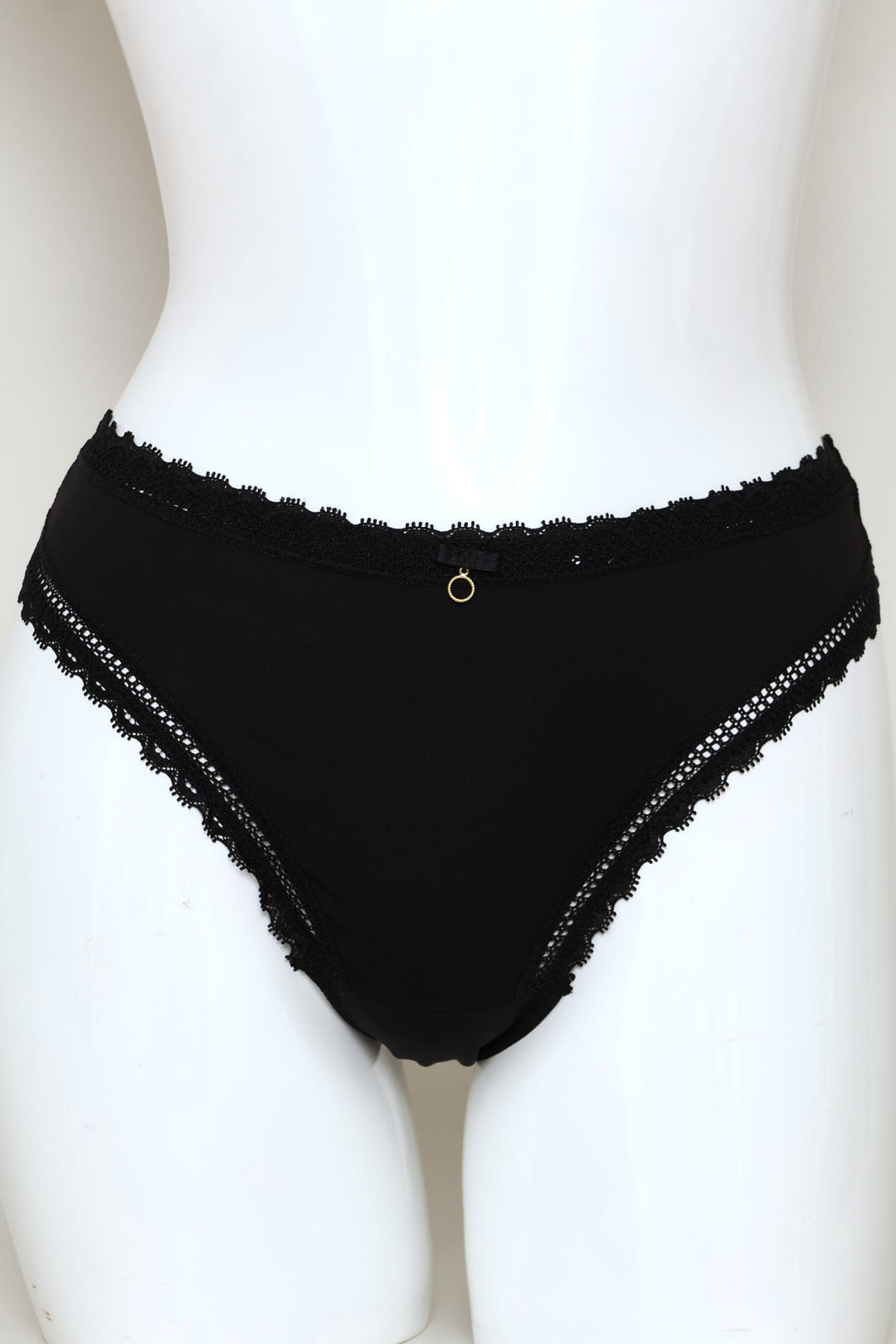 Microfibre & Lace Thong Panty - Black