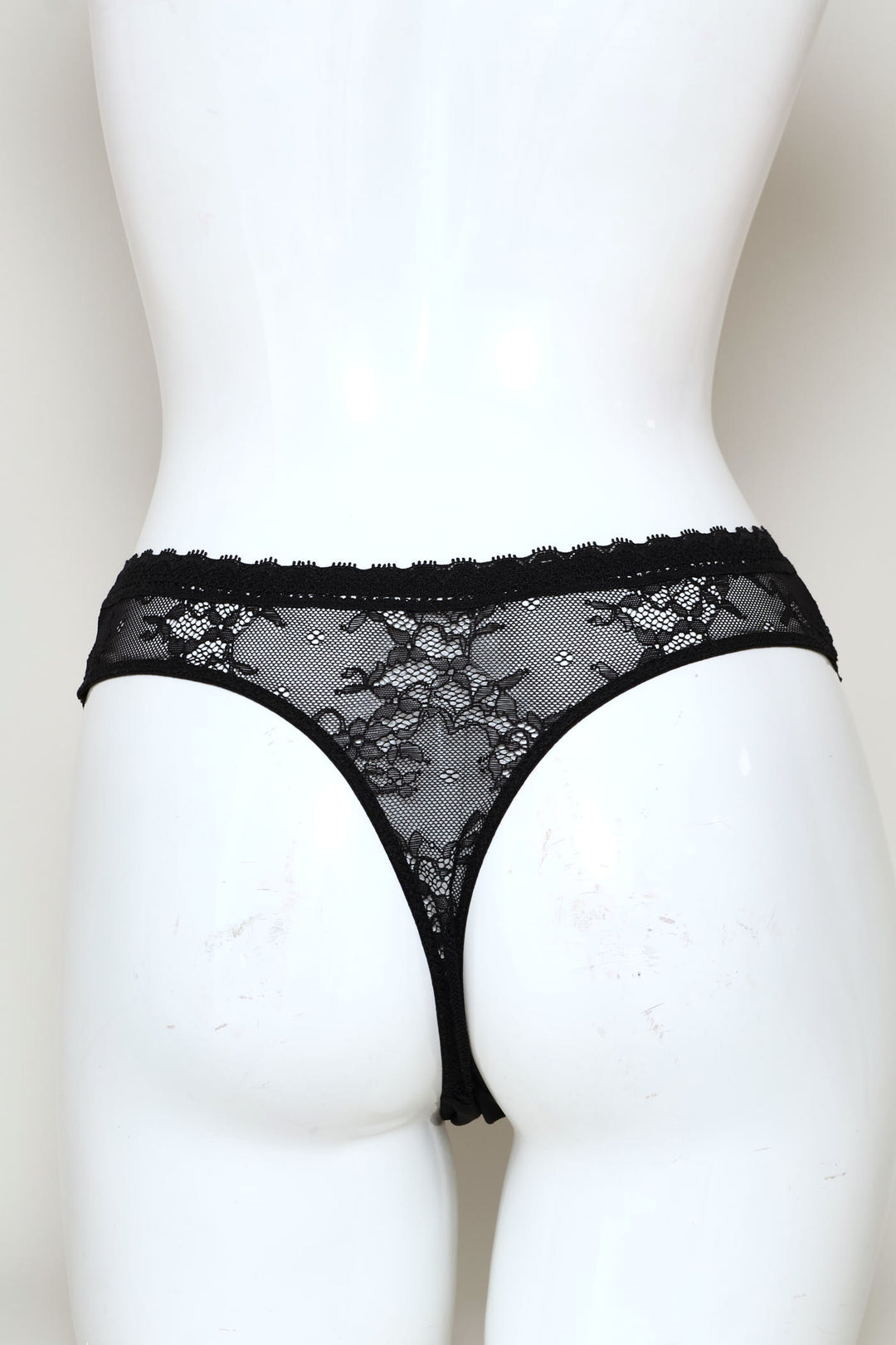 Microfibre & Lace Thong Panty - Black