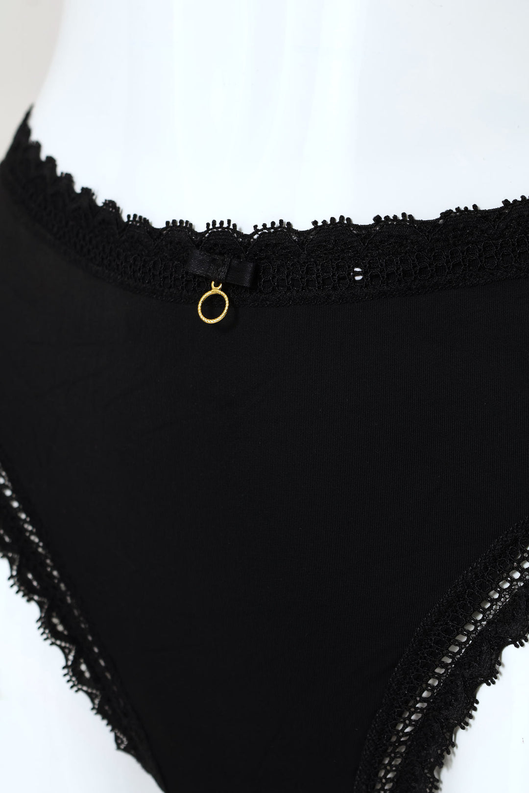 Microfibre & Lace Thong Panty - Black