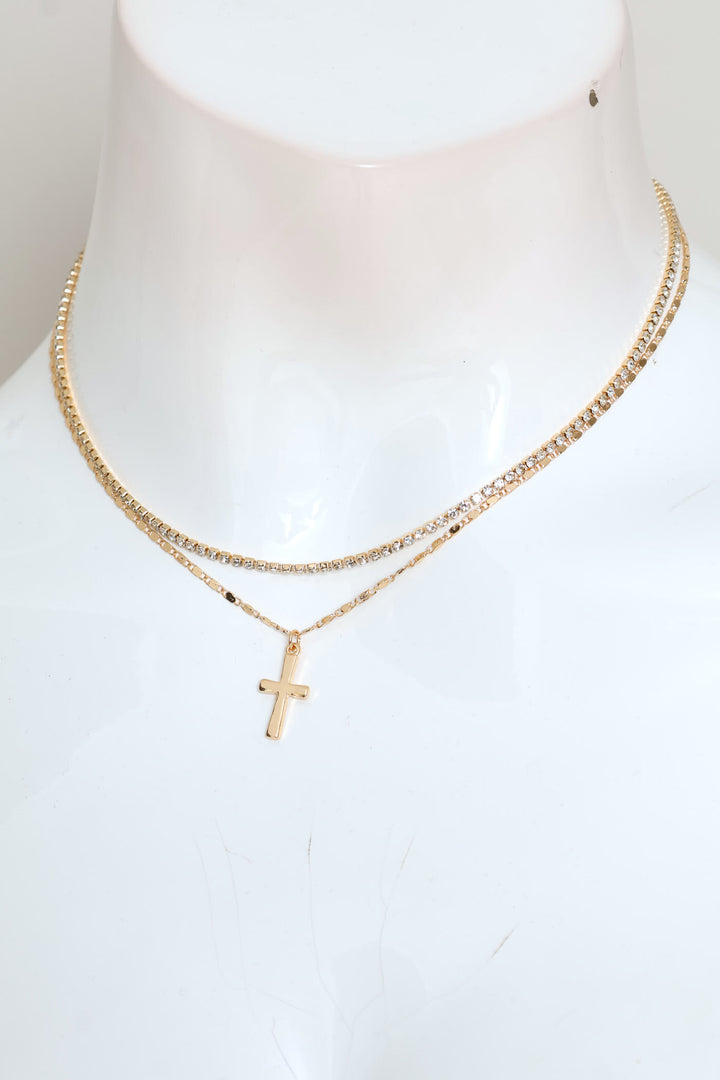 2 Layer Diamante Cross Pendant Necklace - Gold