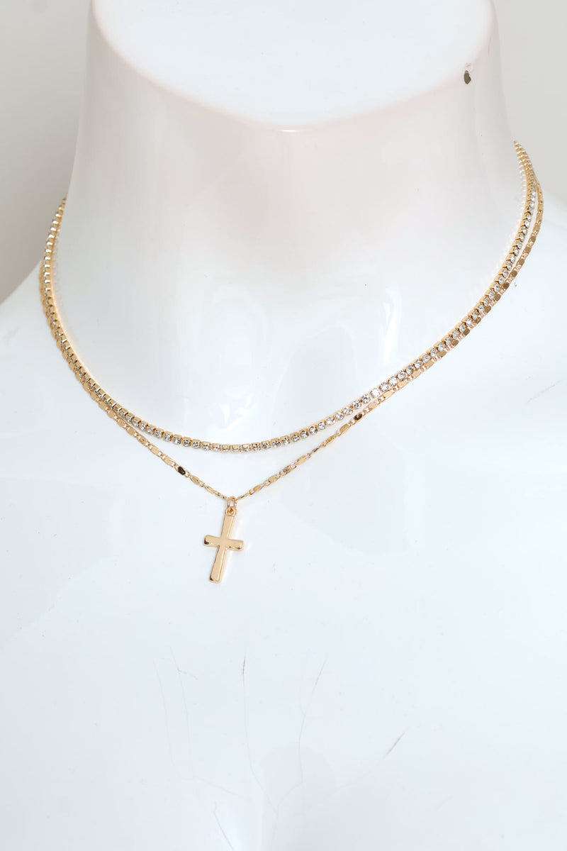 2 Layer Diamante Cross Pendant Necklace - Gold