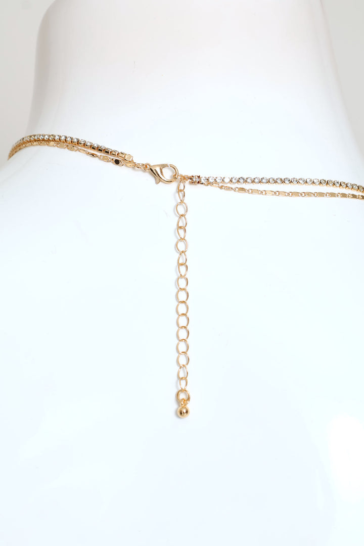 2 Layer Diamante Cross Pendant Necklace - Gold