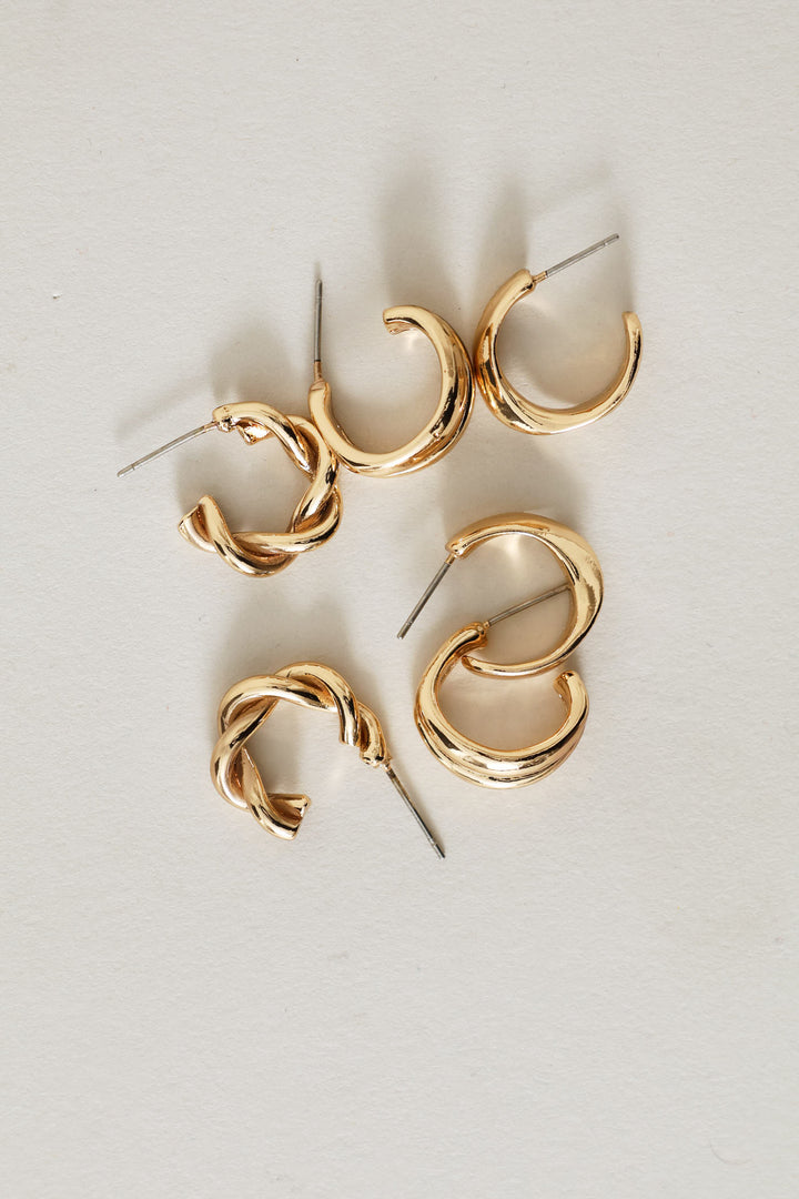 3 Pack Small Hoop Earrings - Gold