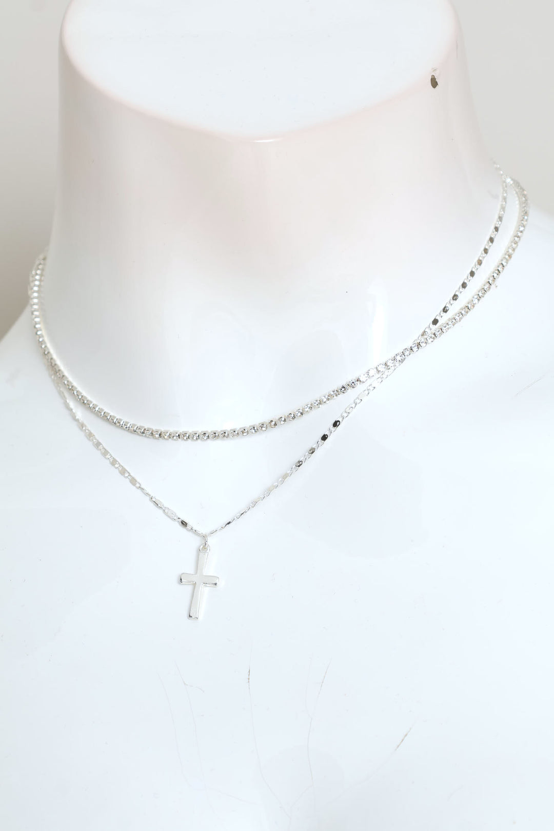 2 Layer Diamante Cross Pendant Necklace - Silver