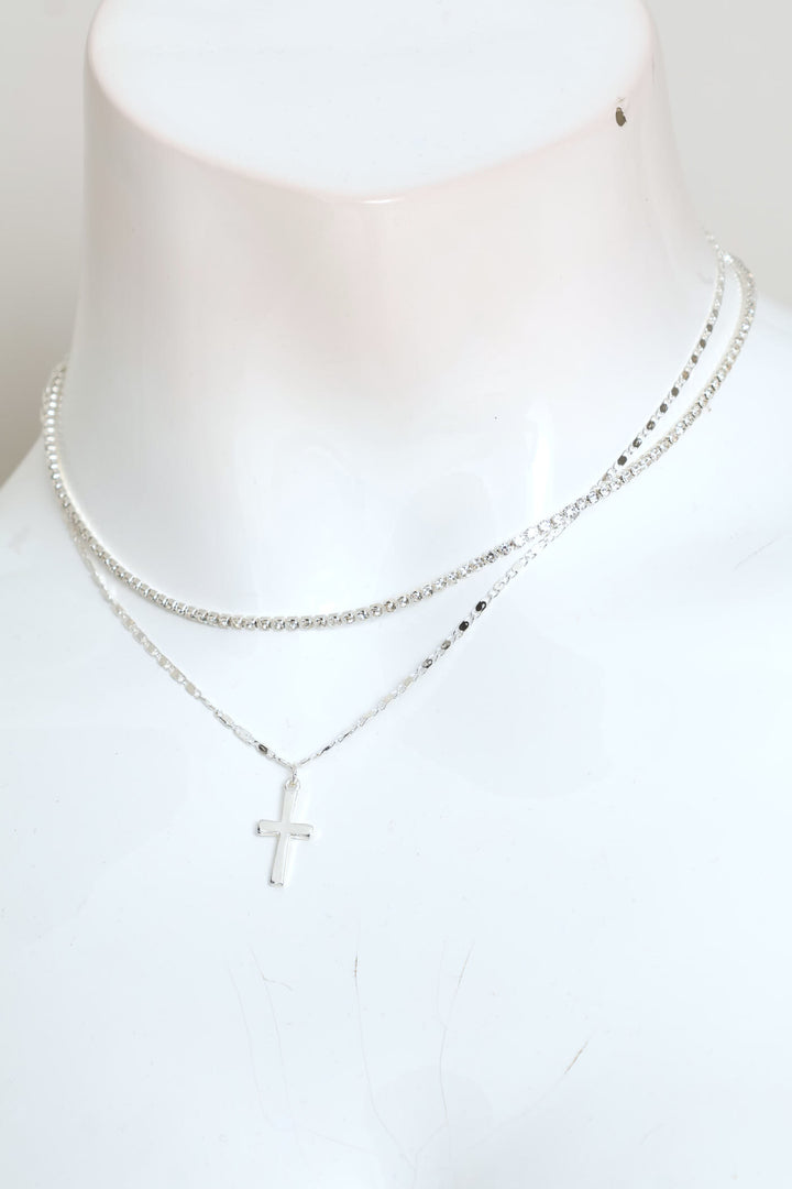 2 Layer Diamante Cross Pendant Necklace - Silver