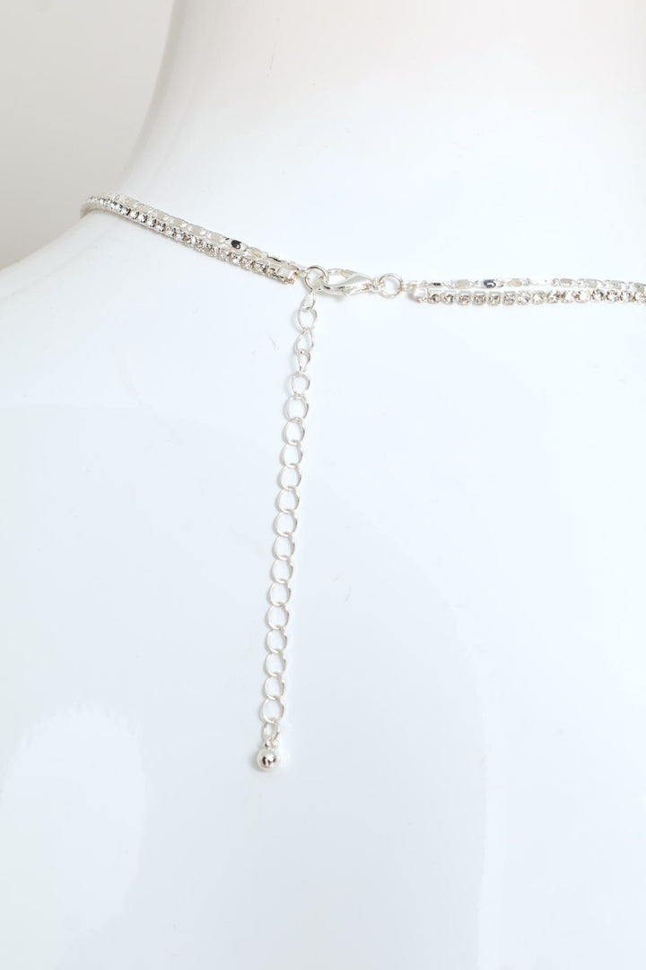 2 Layer Diamante Cross Pendant Necklace - Silver