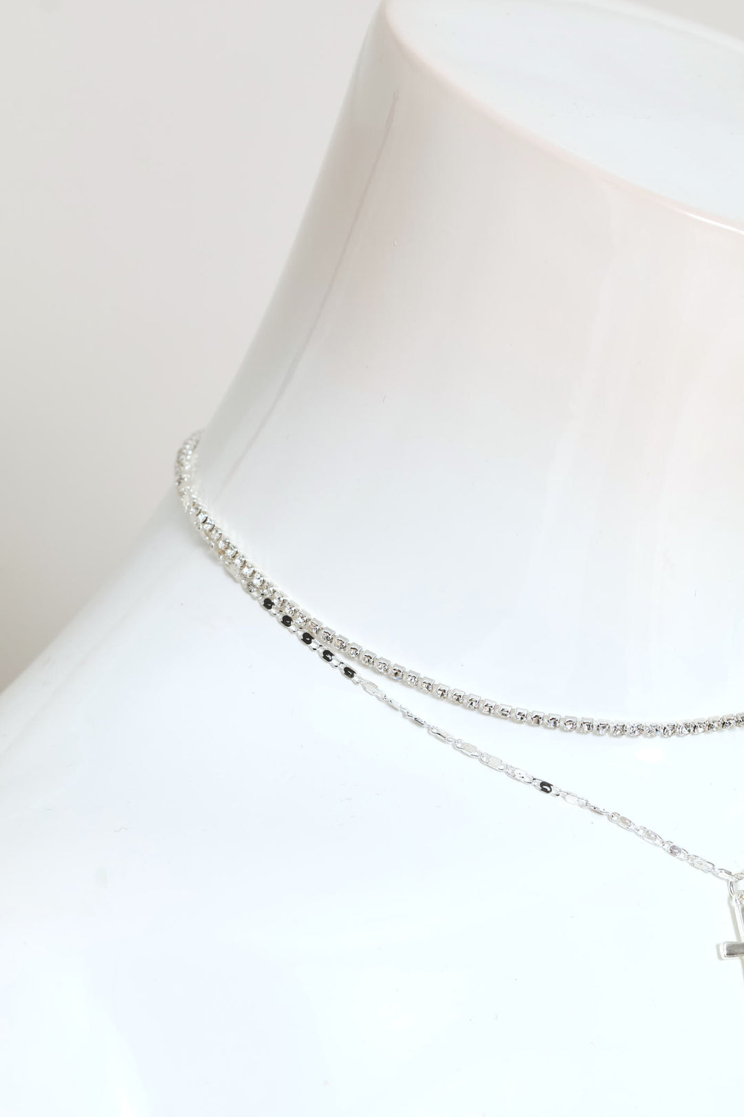 2 Layer Diamante Cross Pendant Necklace - Silver