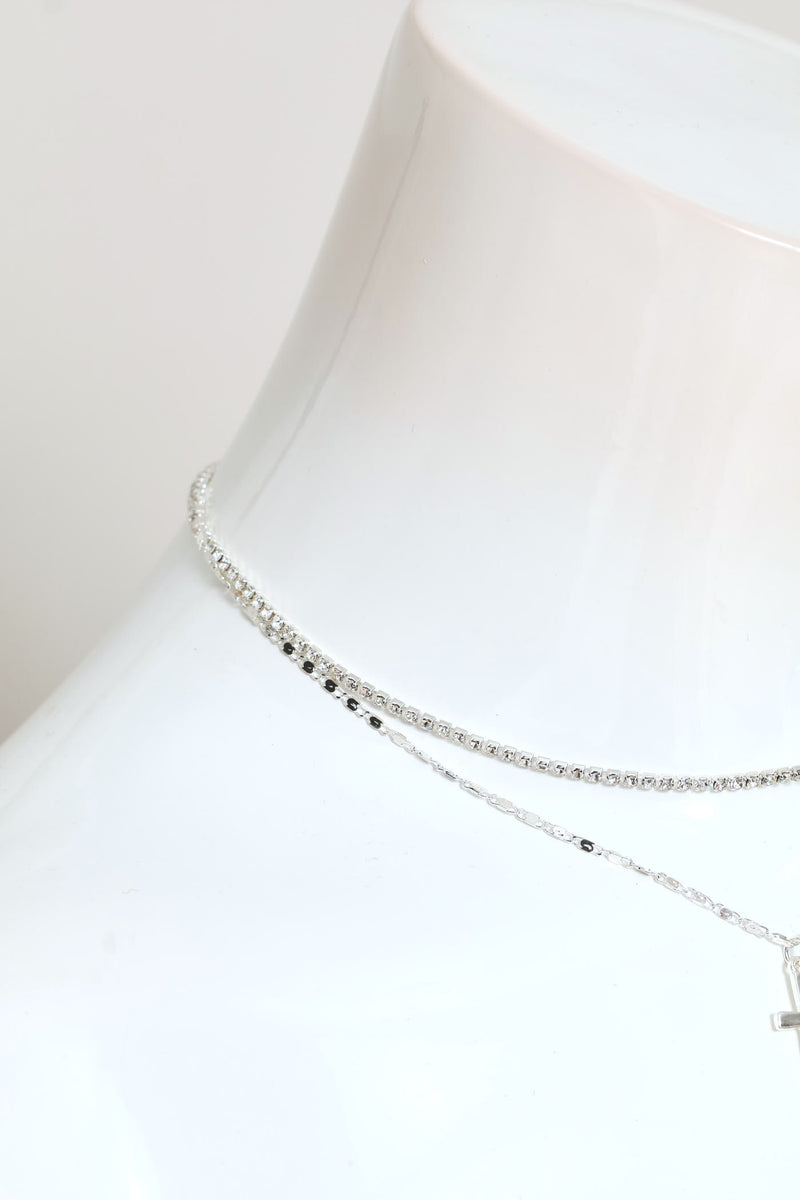 2 Layer Diamante Cross Pendant Necklace - Silver