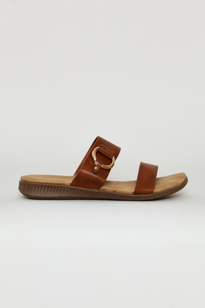 Gold Trim Double Band Croc Mule Sandal - Tan