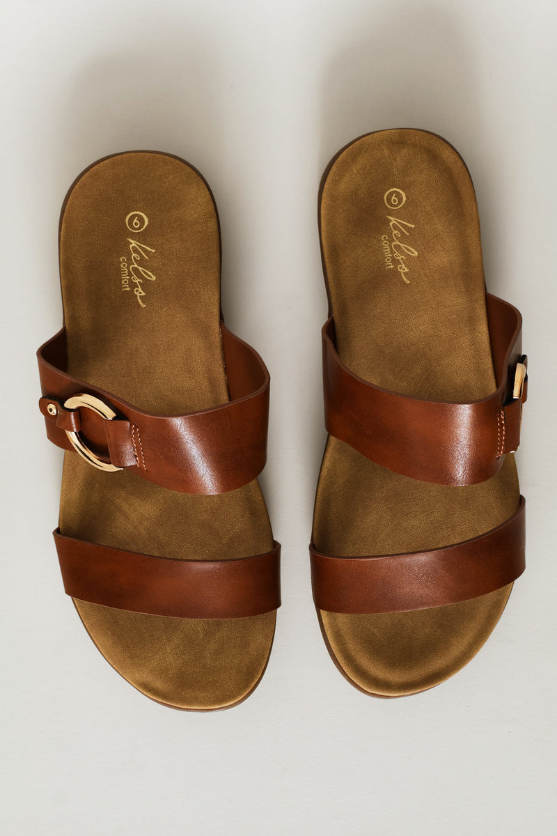 Gold Trim Double Band Croc Mule Sandal - Tan