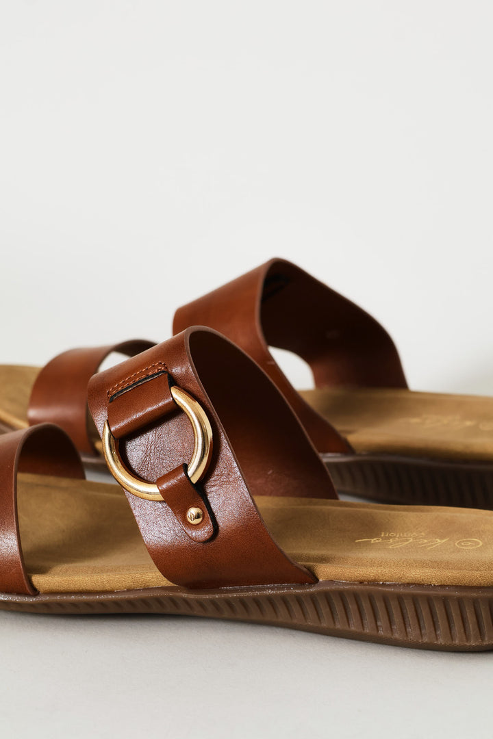 Gold Trim Double Band Croc Mule Sandal - Tan