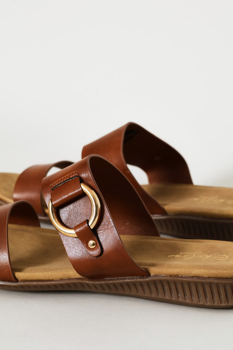 Gold Trim Double Band Croc Mule Sandal - Tan