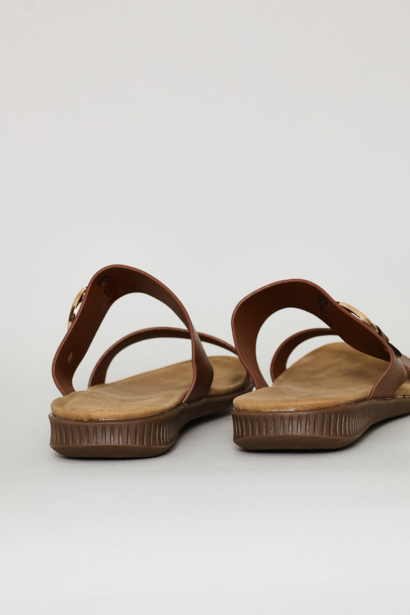 Gold Trim Double Band Croc Mule Sandal - Tan