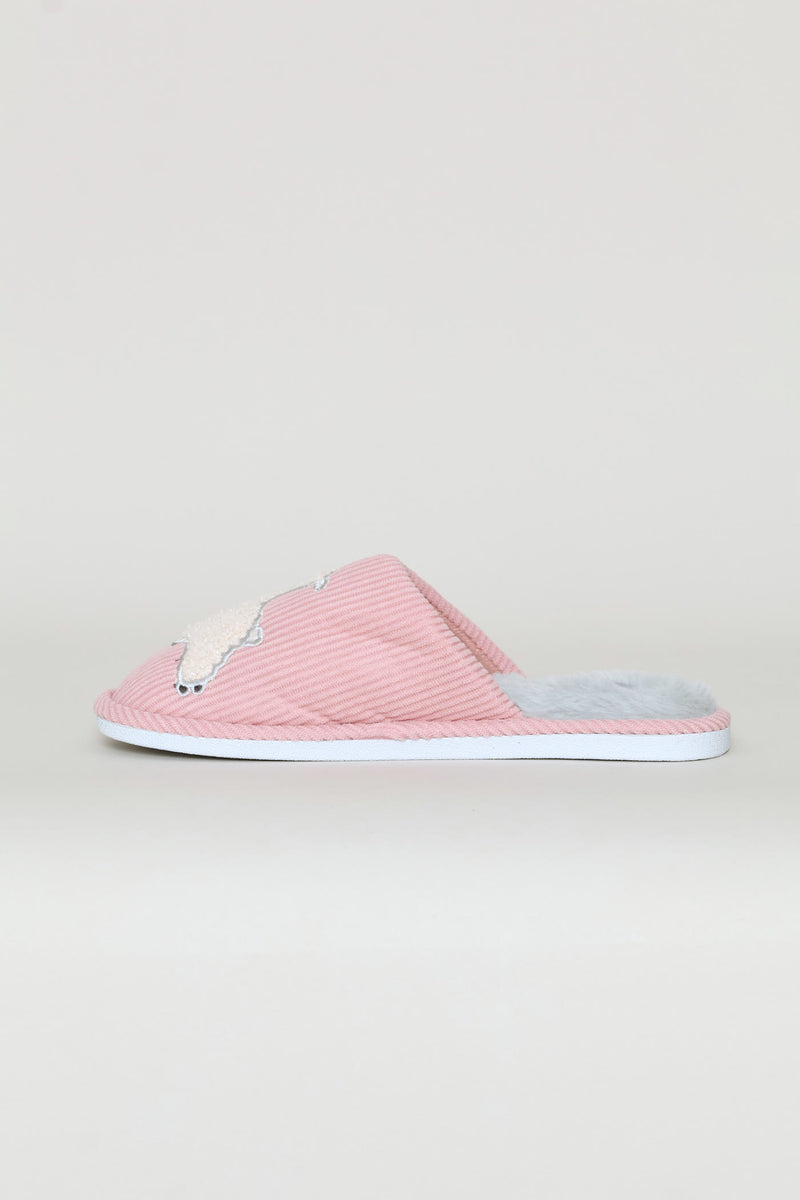 Corduroy Lamb Embroidered Slipper - Mink