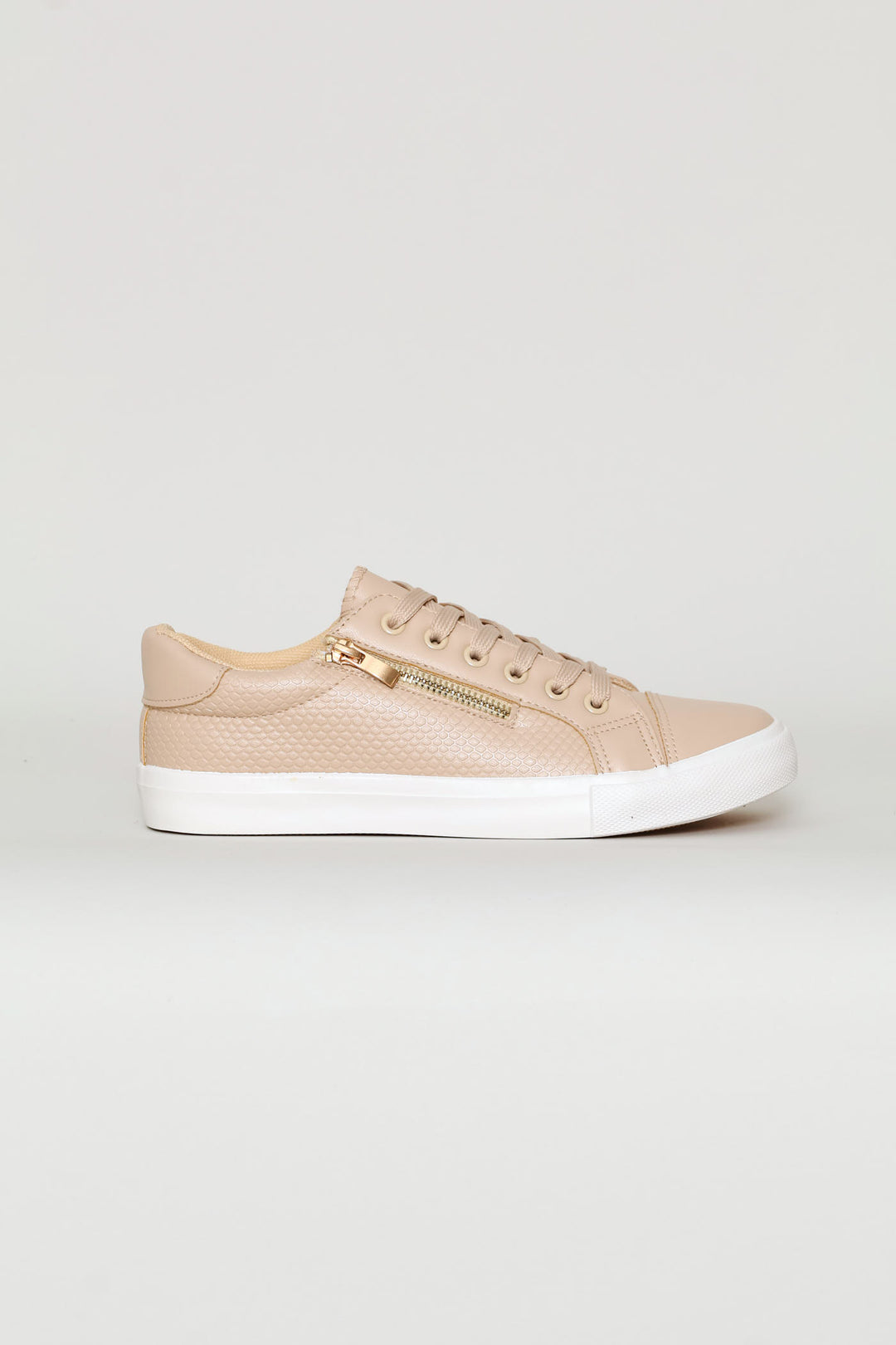 Lace Up Textured Sneaker With Zip - Stone