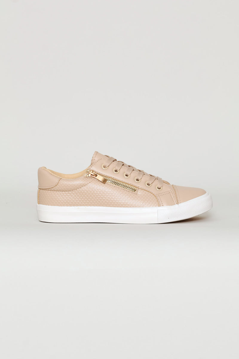 Lace Up Textured Sneaker With Zip - Stone