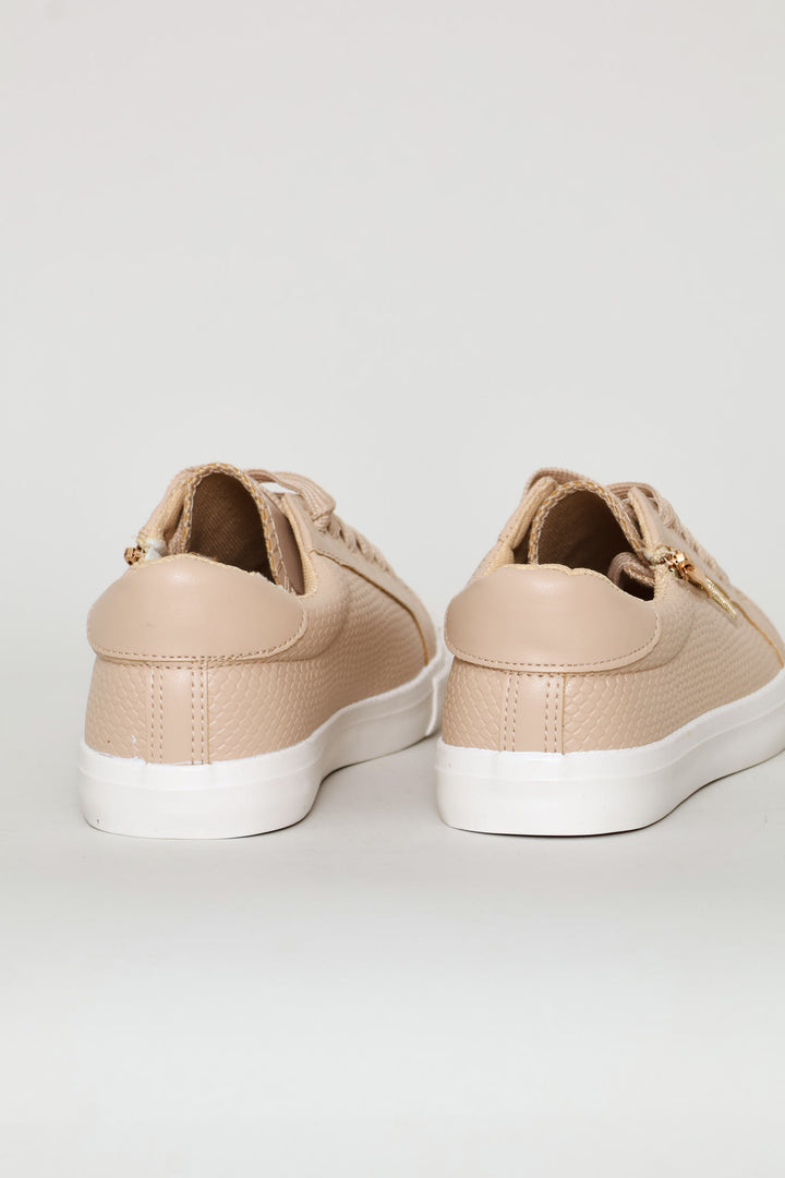Lace Up Textured Sneaker With Zip - Stone