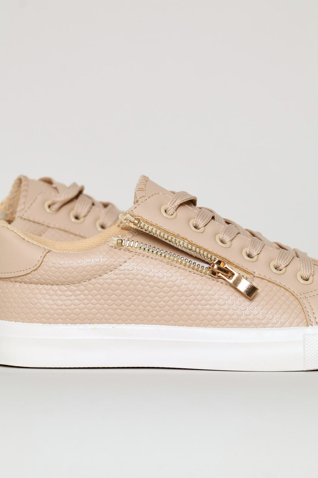 Lace Up Textured Sneaker With Zip - Stone