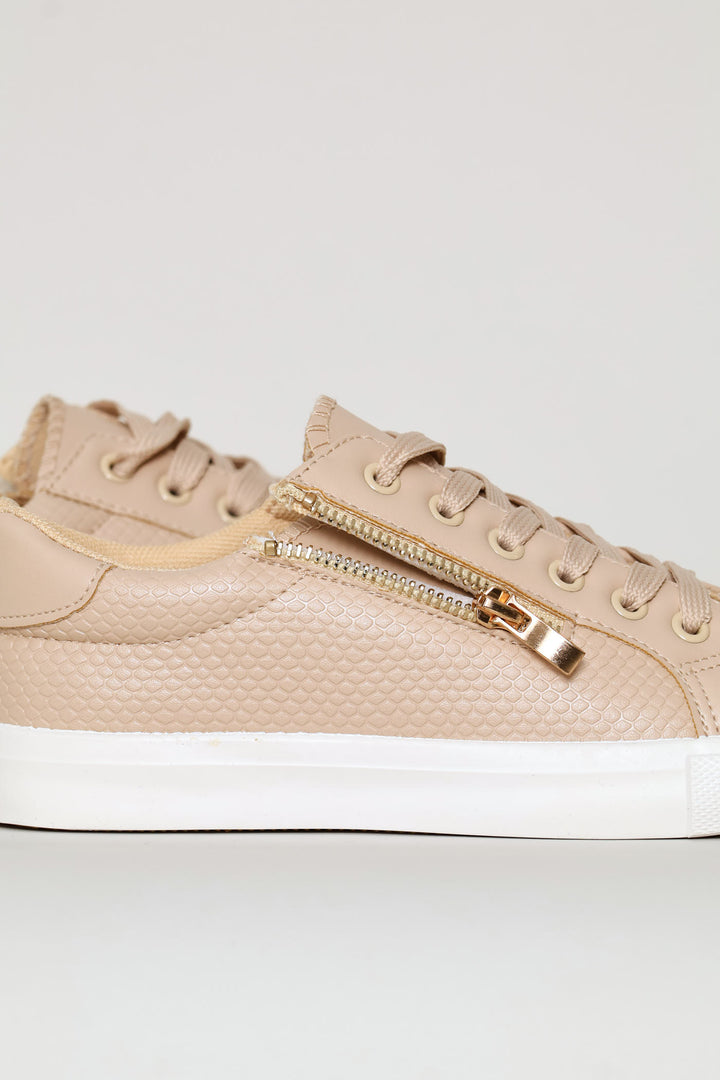 Lace Up Textured Sneaker With Zip - Stone