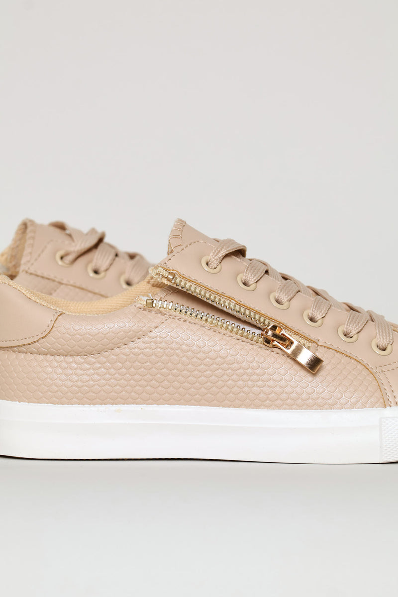 Lace Up Textured Sneaker With Zip - Stone