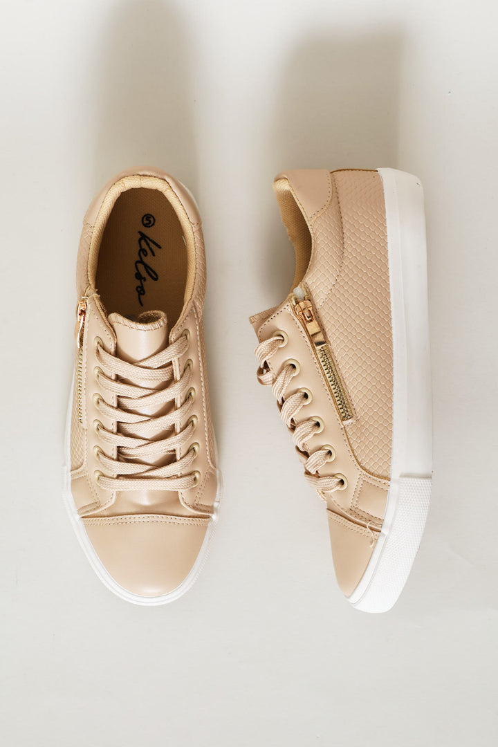 Lace Up Textured Sneaker With Zip - Stone